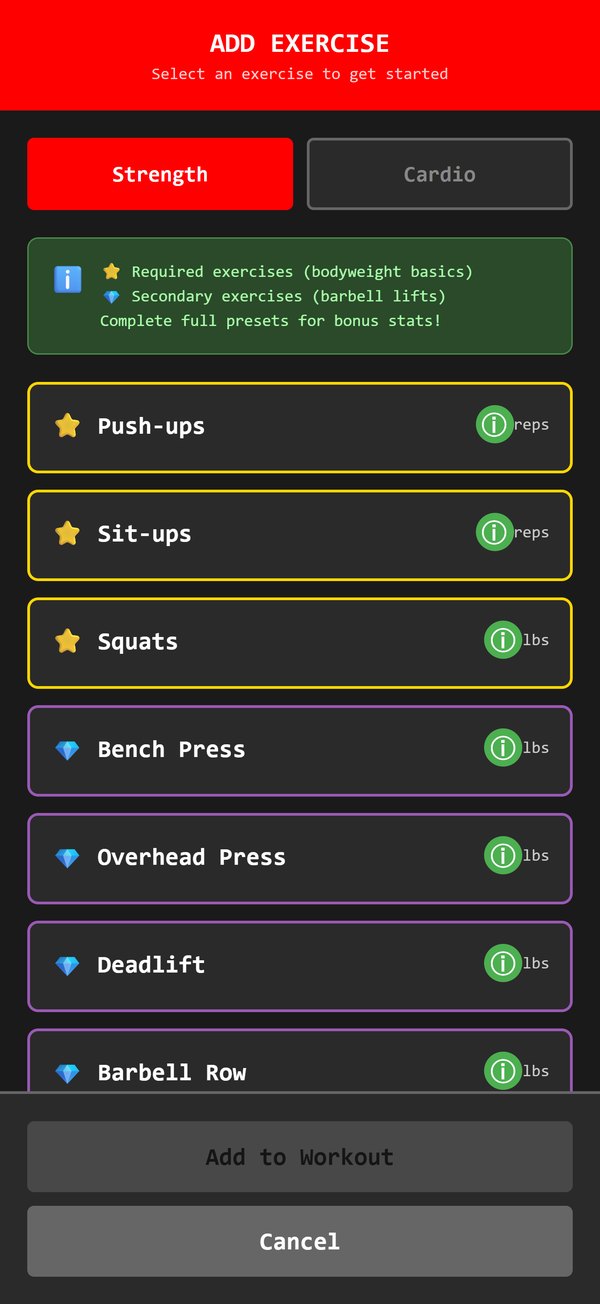 The Add Exercise screen: required bodyweight basics marked with stars — push-ups, sit-ups, squats — and secondary barbell lifts including bench press and deadlift
