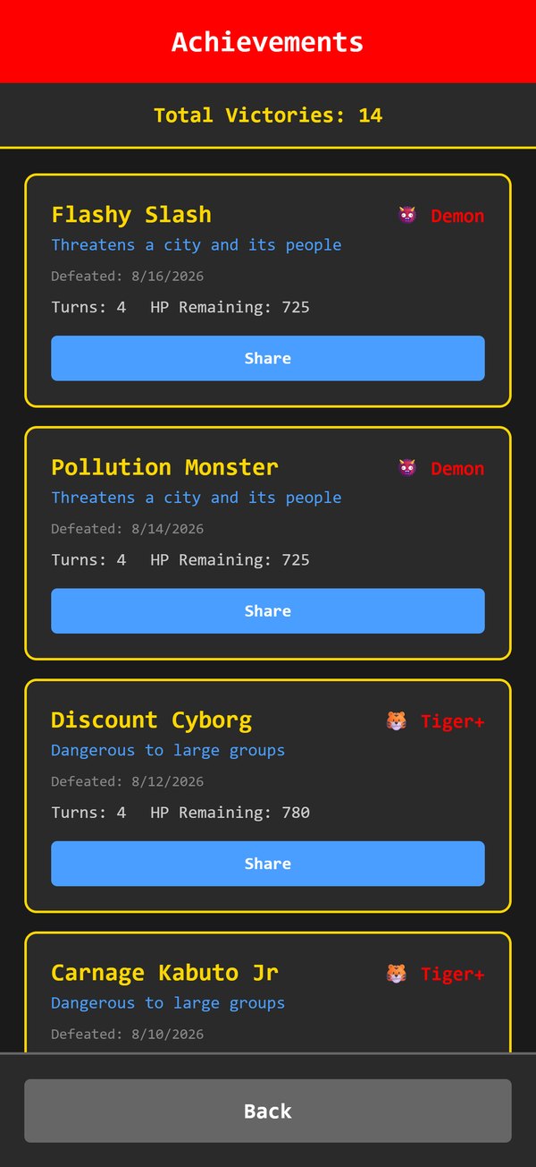 The Achievements screen: 14 total victories, with defeated monsters like Flashy Slash and Pollution Monster, each showing turns taken and HP remaining
